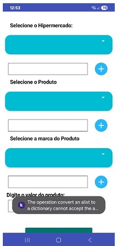 A mobile app interface in Portuguese showing dropdown menus and input fields for selecting a supermarket, product, and product brand, with a text input for entering the product value, alongside error message partially visible on the screen. (Captioned by AI)