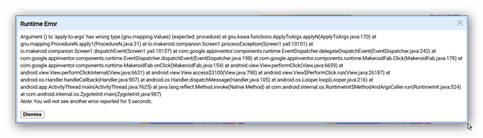 The image shows a runtime error message detailing a type mismatch exception in a Java application, with a stack trace of the error source and a button labeled 'Dismiss.' (Captioned by AI)