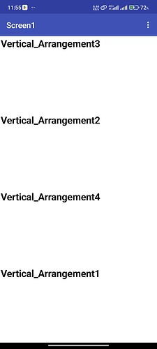 A mobile screen displays a list of four text items labeled Vertical_Arrangement3, Vertical_Arrangement2, Vertical_Arrangement4, and Vertical_Arrangement1 in a vertical alignment. (Captioned by AI)