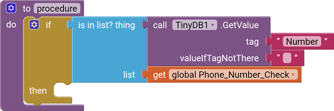 A visual programming block checks if a value retrieved from TinyDB under the tag "Number" is present in the global Phone_Number_Check list. (Captioned by AI)