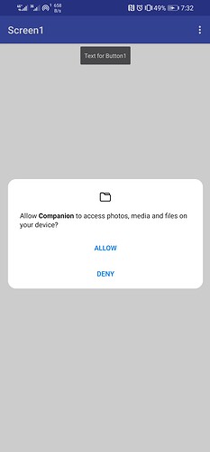 A mobile device screen showing a pop-up permission request asking to allow the Compaint app to access photos, media, and files on the device, with options to allow or deny. (Captioned by AI)