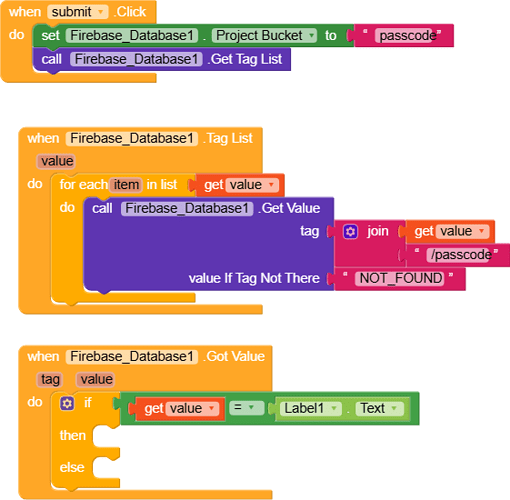 This image shows blocks of visual programming code that interact with Firebase Database to retrieve and verify a passcode upon a submit button click. (Captioned by AI)