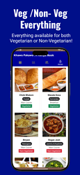 A mobile app interface displaying a food menu with options for vegetarian and non-vegetarian dishes, and a header stating 'Veg / Non-Veg Everything' indicating it caters to both dietary preferences. (Captioned by AI)