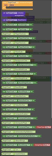 A block-based programming interface with various code blocks arranged sequentially for a game initialization and update logic, including score tracking, player control, and board settings. (Captioned by AI)