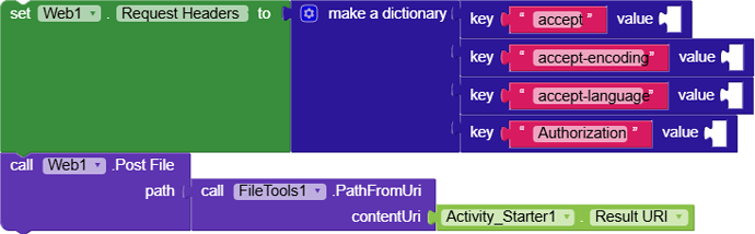 A visual code block for setting request headers with keys like accept and Authorization, and posting a file from a URI retrieved via FileTools and Activity_Starter components. (Captioned by AI)