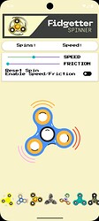 The image shows a digital fidget spinner simulator with adjustable speed and friction controls and a highlighted blue and yellow fidget spinner in the center. (Captioned by AI)