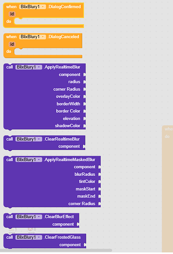The image shows a block-based programming interface with blocks related to applying and clearing real-time blur effects using a component named BlixBlur1. (Captioned by AI)