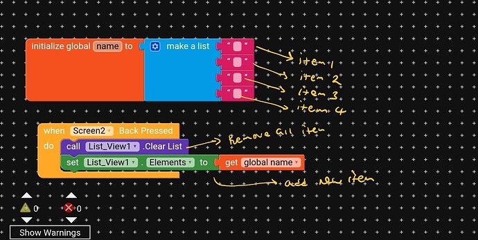The image shows a visual programming interface with blocks arranged to initialize a global list variable named 'name' with four text items and to clear and set elements of a List View component when the back button on Screen2 is pressed. (Captioned by AI)