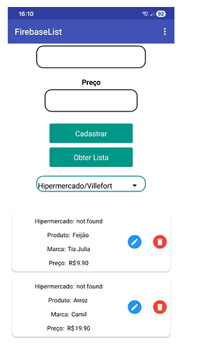A mobile app screen named FirebaseList displays input fields for product price, buttons to register and get a list, a dropdown selection labelled Hipermercado/Villefort, and a list of two products with details but indicating the hypermarket is not found. (Captioned by AI)