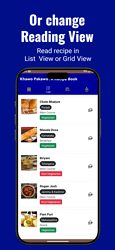 A mobile app screen displays a list of food donation posts with options to read recipes in either List View or Grid View on a blue and white background. (Captioned by AI)