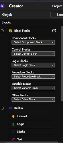 A imagem mostra uma interface de desenvolvimento de blocos, onde o usuário pode selecionar diferentes tipos de blocos como Component Blocks, Control Blocks, Logic Blocks, Procedure Blocks, Variable Blocks e Other Blocks, dentro de um projeto chamado 'GetJob'. (Legendado por IA)