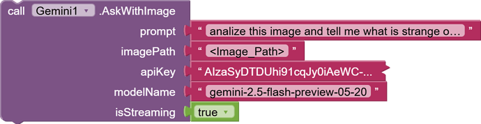 A block of code calls a function to analyze an image with a given prompt, image path, API key, model name, and streaming enabled, but the prompt text contains a typo ('analize' instead of 'analyze'). (Captioned by AI)