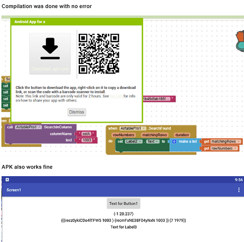 The image shows a software compilation screen with a QR code for downloading an Android app, blocks of programming code, and a mobile app interface displaying text output from the code execution. (Captioned by AI)