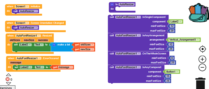 A screenshot of a block-based programming interface showing code segments that handle screen initialization, orientation changes, font resizing, and error handling using components named AutoResizer and AutoFontResizer1. (Captioned by AI)
