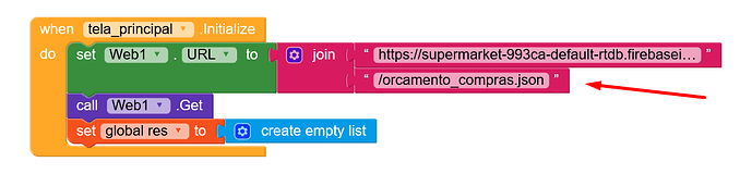 A block-based programming script that initializes a web component with a URL formed by joining a base Firebase URL and a JSON file path, then calls a web request and sets a global variable to an empty list. (Captioned by AI)