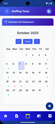 A mobile app screen displays a calendar interface for October 2025 with October 7th highlighted and navigation buttons for previous and next months. (Captioned by AI)