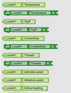 The image shows a visual programming interface with code blocks setting various parameters such as Temperature, TopP, ContextSize, Threads, and checking statuses like IsModelLoaded, IsNativeLoaded, and IsDownloading for LocalAI1. (Captioned by AI)