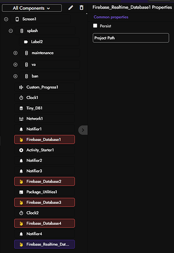 A software development interface displaying a component hierarchy on the left and properties for Firebase Realtime Database1 on the right. (Captioned by AI)