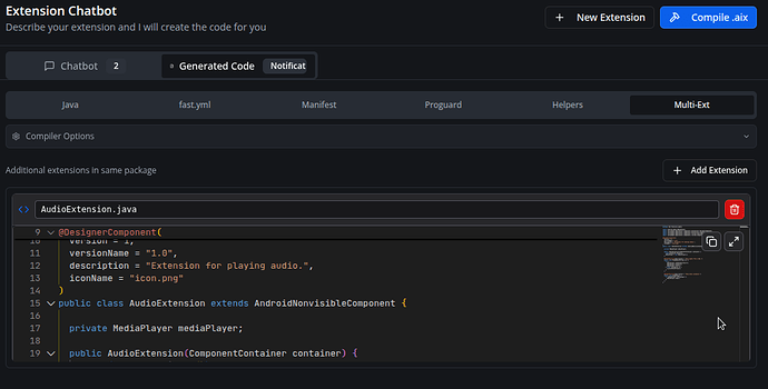 A screenshot of a code editor within an extension chatbot interface displaying Java code for an AudioExtension class, including annotations and method definitions for a media player component. (Captioned by AI)
