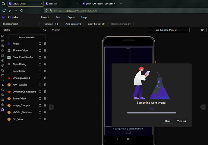 The image shows a computer screen displaying a software interface with a pop-up error message stating 'Something went wrong', accompanied by an illustration of two characters, one holding a wrench and the other pointing. (Captioned by AI)