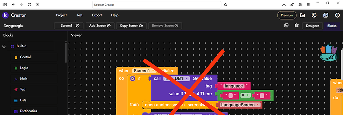 The image shows a Kodular Creator interface with a programming block script for changing the screen language, crossed out with a large red X. (Captioned by AI)