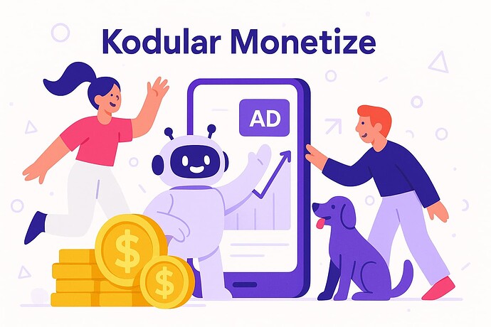An illustration showing a happy robot, a woman with coins, and a man with a dog next to a smartphone displaying an advertisement, representing the concept of Kodular Monetize. (Captioned by AI)