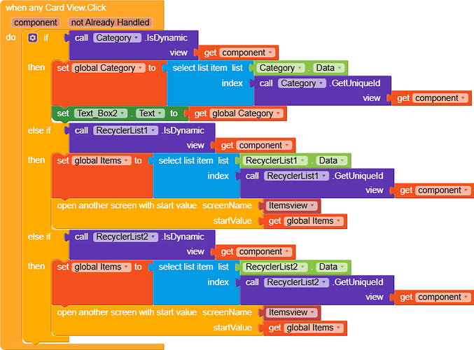The image shows a block-based programming code snippet that handles card view clicks by checking the component type and dynamically updating global variables and opening screens with start values based on data retrieved from various lists. (Captioned by AI)
