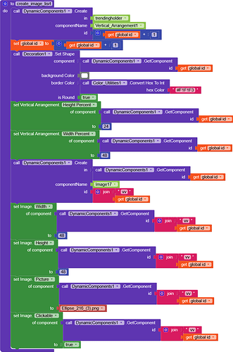 The image shows a block-based visual programming interface with code blocks that create, configure, and manipulate image components within a dynamic layout, setting properties such as background colour, border width, and image source. (Captioned by AI)
