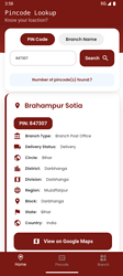 The image shows a mobile app interface for pincode lookup displaying details of the Brahamarpur SotiA branch with PIN code 847307 in Bihar, India, including office type, delivery status, division, region, circle, branch category, and country information. (Captioned by AI)