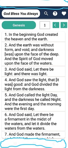 A page from the Bible showing the first seven verses of Genesis chapter 1, with verses 6 and 7 highlighted by blue circles. (Captioned by AI)