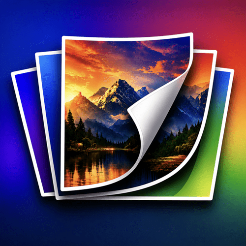 A vibrant digital artwork features a stack of colorful photo prints with the top image showing a dramatic sunset over a mountain lake surrounded by trees. (Captioned by AI)