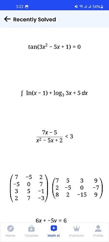 The image shows a screenshot of a 'Recently Solved' section on a mobile app with various mathematical problems, including a trigonometric equation, an integral, an inequality, matrix expressions, and a linear equation. (Captioned by AI)
