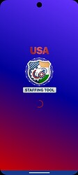 The image is a mobile screen showing a loading page with the text 'USA STAFFING TOOL' and a logo consisting of a gear and technological elements against a gradient blue and red background. (Captioned by AI)