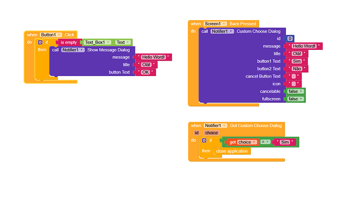 The image shows a visual programming block interface with code snippets for handling button clicks, displaying a message dialog, and processing a custom choice dialog in an application. (Captioned by AI)