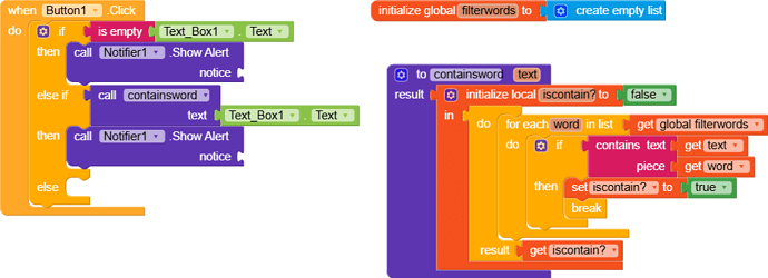 The image shows a block-based programming interface with two code segments: one handling a button click event to check text input and show alerts, and another defining a function to check if a given text contains any words from a global filter list. (Captioned by AI)