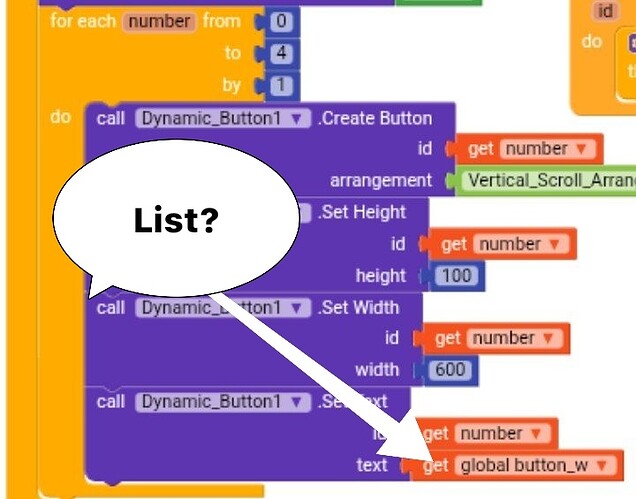 The image shows a block-based programming interface with code creating dynamic buttons and setting their properties. (Captioned by AI)