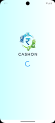 A mobile app loading screen displaying the logo and name "CASHON" with a stylized rupee symbol and currency icons on a light blue gradient background. (Captioned by AI)