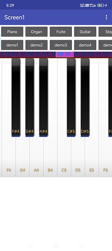 An app interface showing a virtual keyboard with piano keys labeled by musical notes and buttons for different instrument sounds like piano, organ, flute, and guitar. (Captioned by AI)