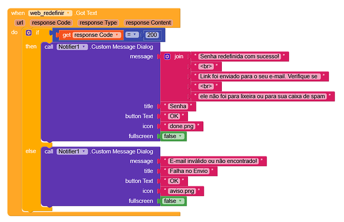 A colourful block-based programming script that handles web responses to show customised success or error message dialogues related to password reset and email validation. (Captioned by AI)