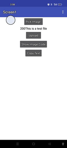 A mobile app screen shows a text input with the text '200This is a test file', buttons labeled 'Upload', 'Show Image Code', and 'Copy Text', and a circular placeholder image at the top. (Captioned by AI)
