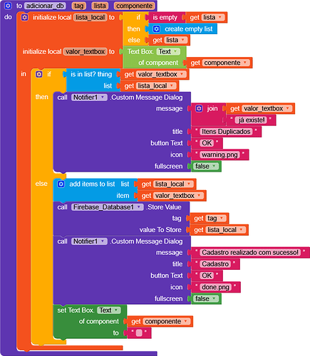 This image shows a block-based programming interface with colourful code blocks used to check if a list is empty, display custom messages, and interact with a Firebase database and a text box component. (Captioned by AI)