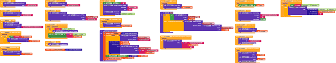 A screenshot of a block-based programming environment showing a complex script composed of color-coded blocks arranged in multiple connected sequences. (Captioned by AI)
