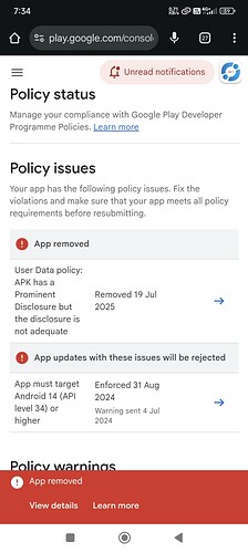 A screenshot of the Google Play Console showing the Policy status section, indicating that a policy issue resulted in the removal of an APK and an audio update, with a banner at the bottom highlighting three open issues including a removed APK, a removed app, and a rejected update. (Captioned by AI)