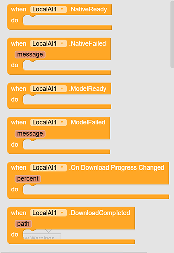 A visual programming interface screen showing event handlers for LocalAI1, including NativeReady, NativeFailed, ModelReady, ModelFailed, Download Progress Changed, and Download Completed, with associated actions to be performed. (Captioned by AI)