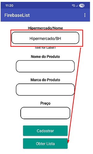 A mobile app interface named FirebaseList displaying a form with input fields for supermarket name, product name, brand, and price, along with 'Register' and 'Get List' buttons. (Captioned by AI)