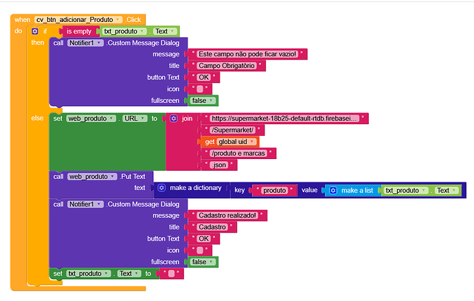 A visual programming interface showing blocks that validate a product input field, display messages, and send product data as a JSON object to a Firebase database URL. (Captioned by AI)
