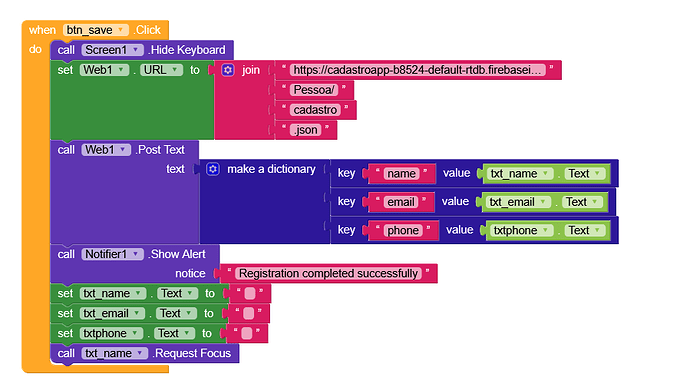 This image shows a block of code from a visual programming environment designed to save user registration data to a Firebase database and display a success alert. (Captioned by AI)