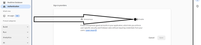 The image shows the Firebase Authentication settings page with an option to enable anonymous sign-in, which allows guest accounts in the application without requiring user credentials. (Captioned by AI)