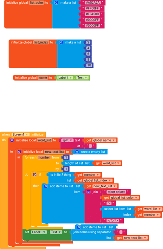 A colorful visual programming code snippet with lists and loops, designed to initialize and manipulate text labels on Screen1. (Captioned by AI)