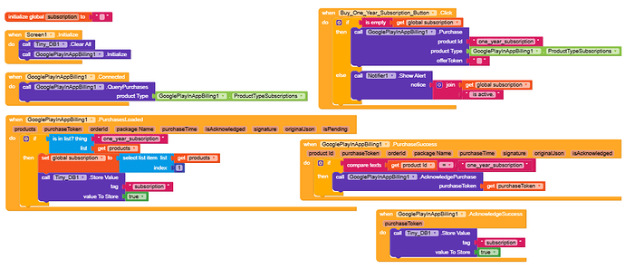 A block-based visual programming script for handling Google Play app billing subscriptions, including initialization, purchase flow, and verification of one-year subscriptions. (Captioned by AI)